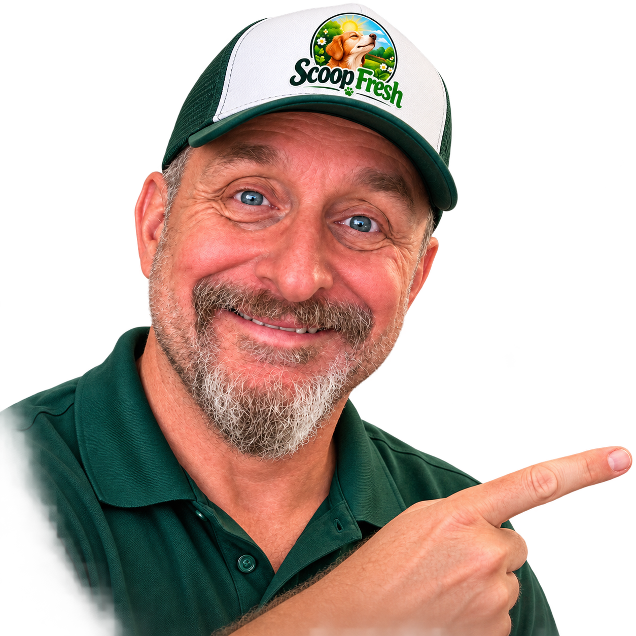 Dave, your local Scoop Fresh guy, wearing a Scoop Fresh cap and shirt, smiling and pointing toward the free-cleanup offer
