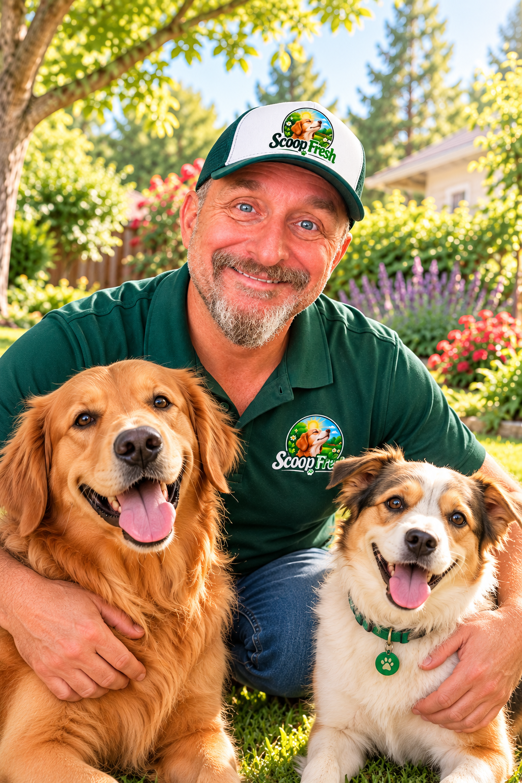 Dave, your local Scoop Fresh guy, with his two dogs in a sunny Southeast Chico backyard, pointing toward the Fresh & Free offer